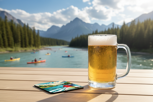 coaster featuring kayaking scene in Canada by New Klondike Arts and Media, showcasing vibrant outdoor adventure artwork.