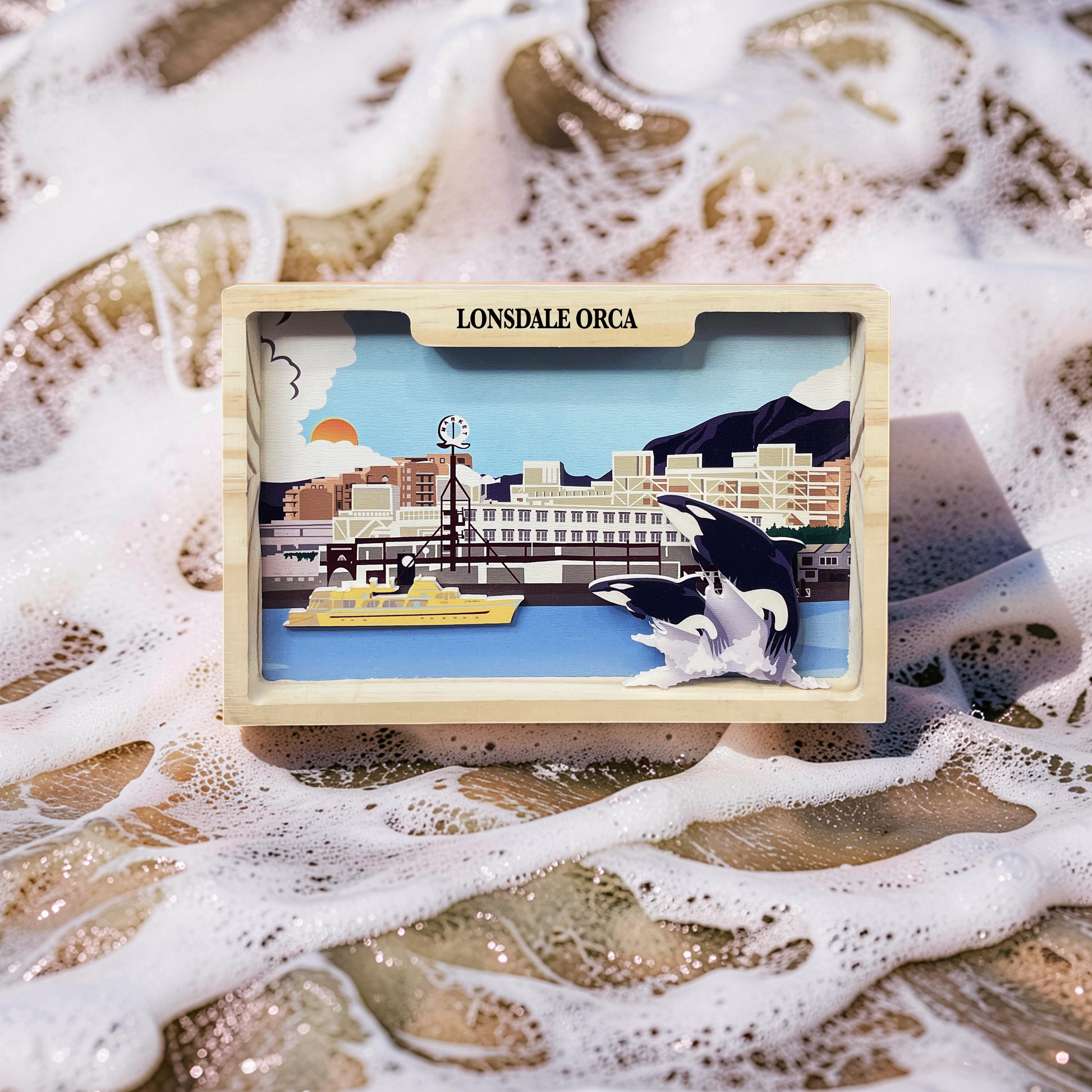 Handmade 5x7 shadow box featuring Lonsdale Quay and orca whale artwork by New Klondike Arts and Media.