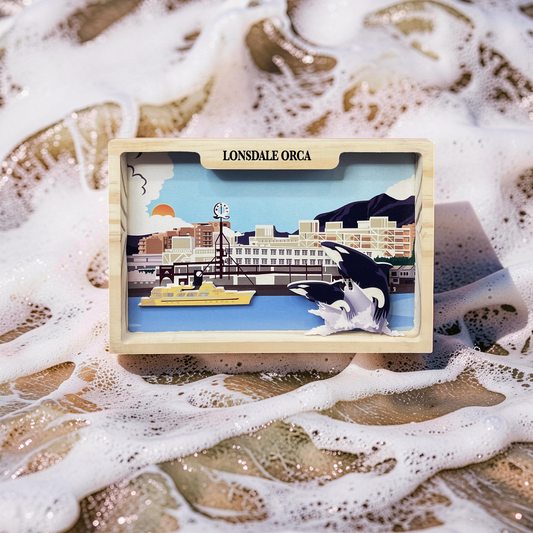 Handmade 5x7 shadow box featuring Lonsdale Quay and orca whale artwork by New Klondike Arts and Media.