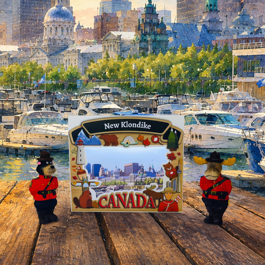 Light Up Shadow Box featuring the Old Port of Montreal scene by New Klondike Arts and Media, with illuminated cityscape in a wooden frame