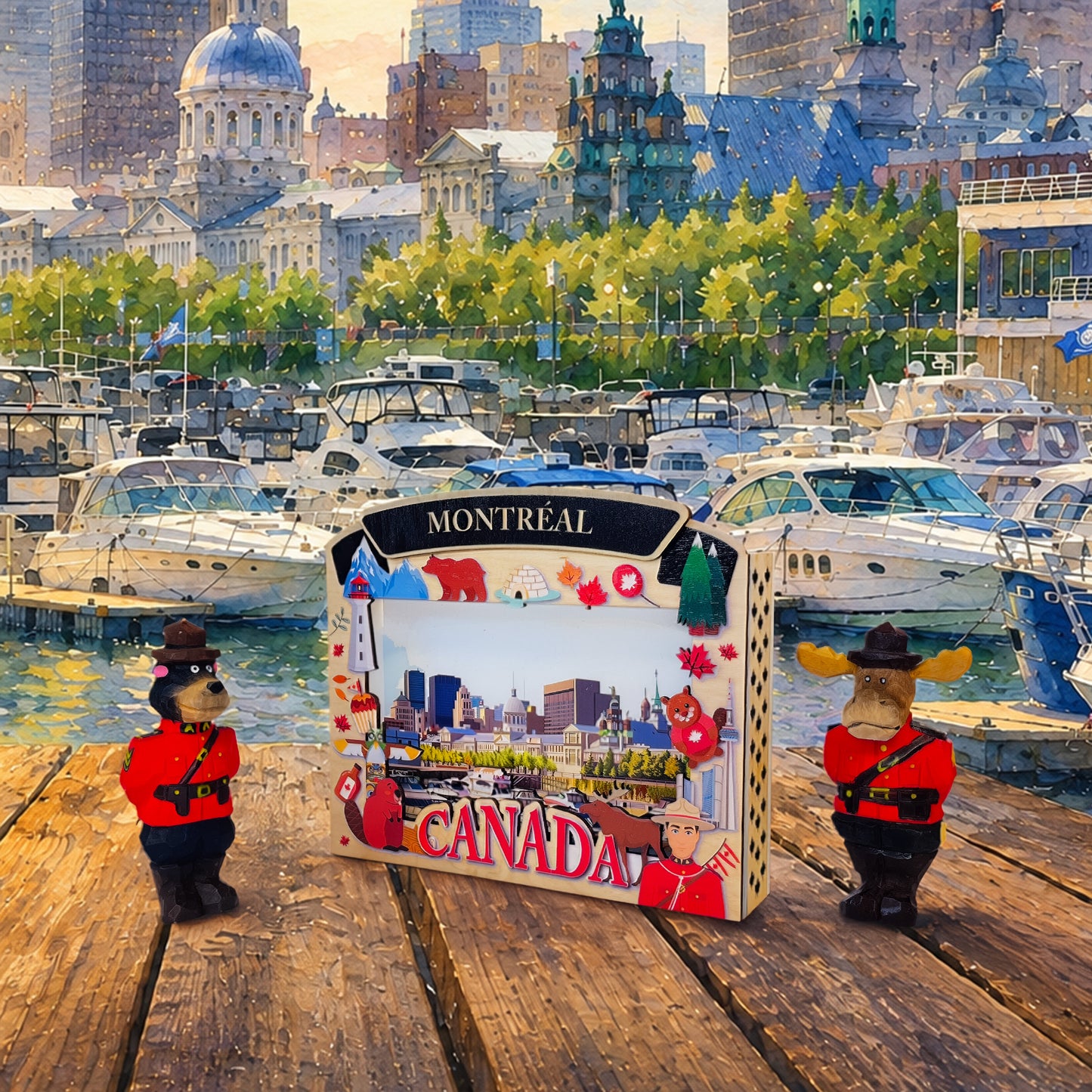 Light Up Shadow Box featuring Montreal's Old Port by New Klondike Arts and Media, showcasing illuminated cityscape details.