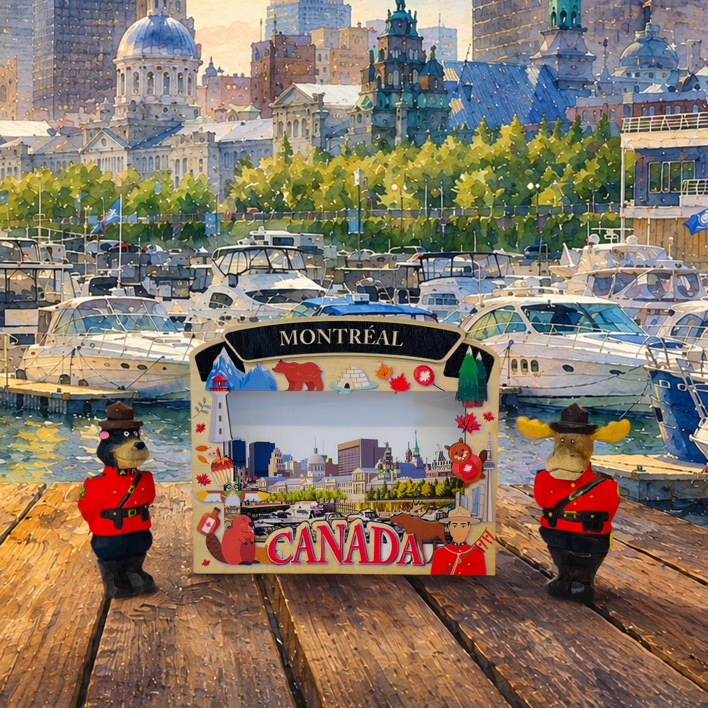 Light Up Shadow Box featuring Old Port of Montreal scene by New Klondike Arts and Media, illuminated display with detailed cityscape.