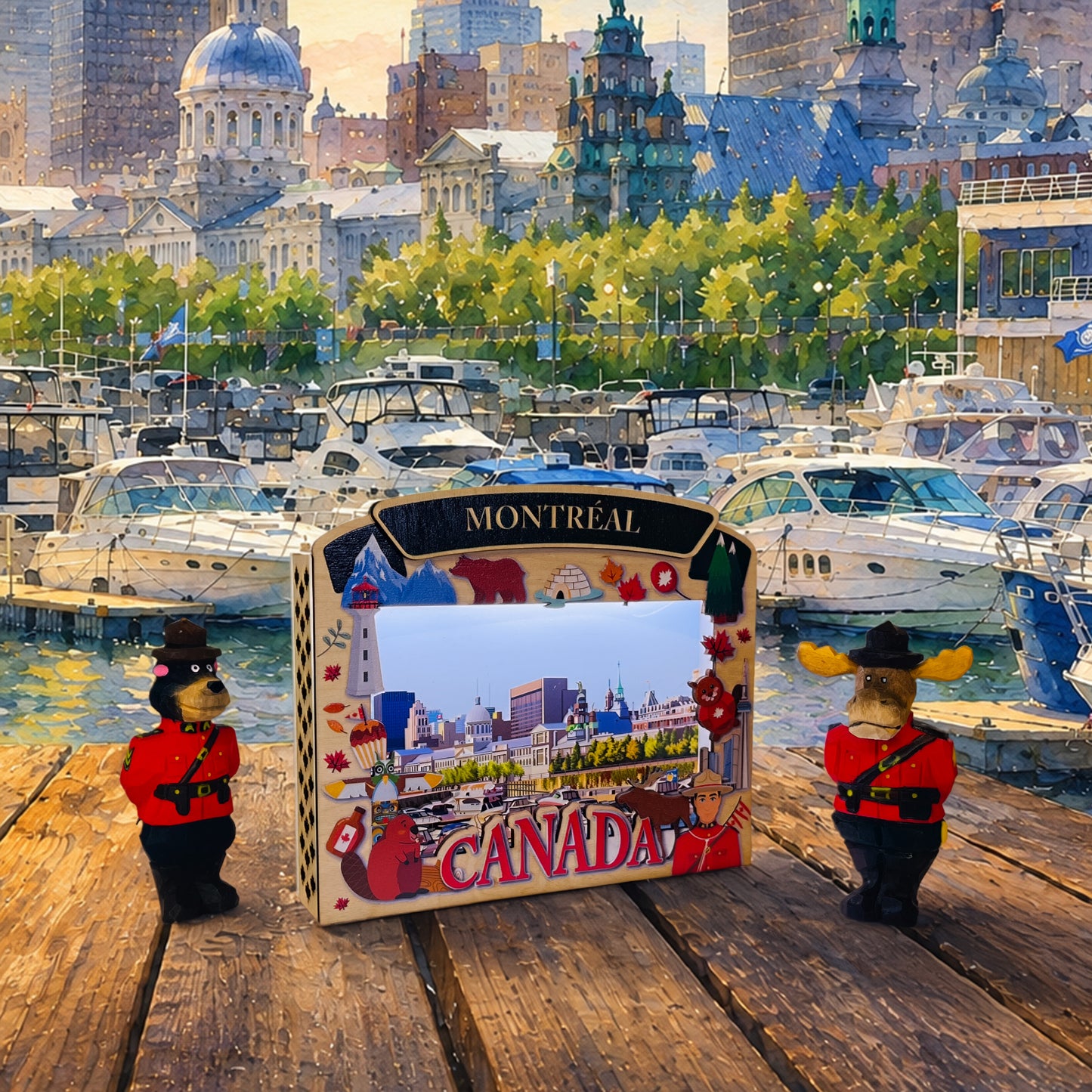 Light Up Shadow Box featuring Old Port of Montreal scene by New Klondike Arts and Media, illuminated display with detailed maritime artwork.