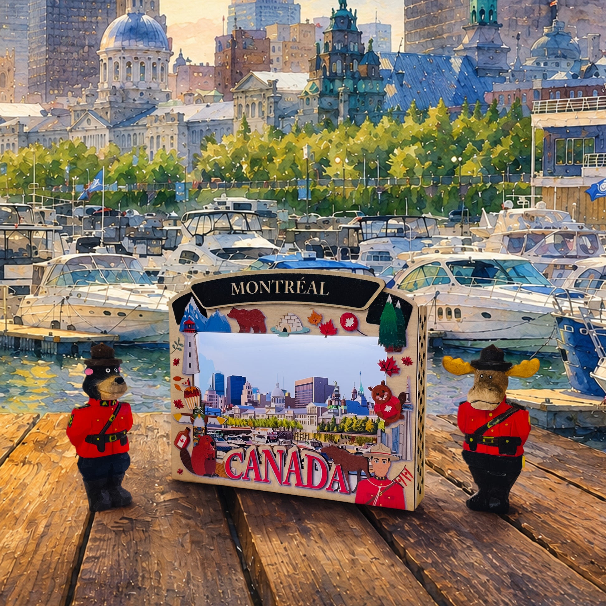 Light Up Shadow Box depicting Old Port of Montreal by New Klondike Arts and Media, showcasing detailed cityscape with illuminated features.