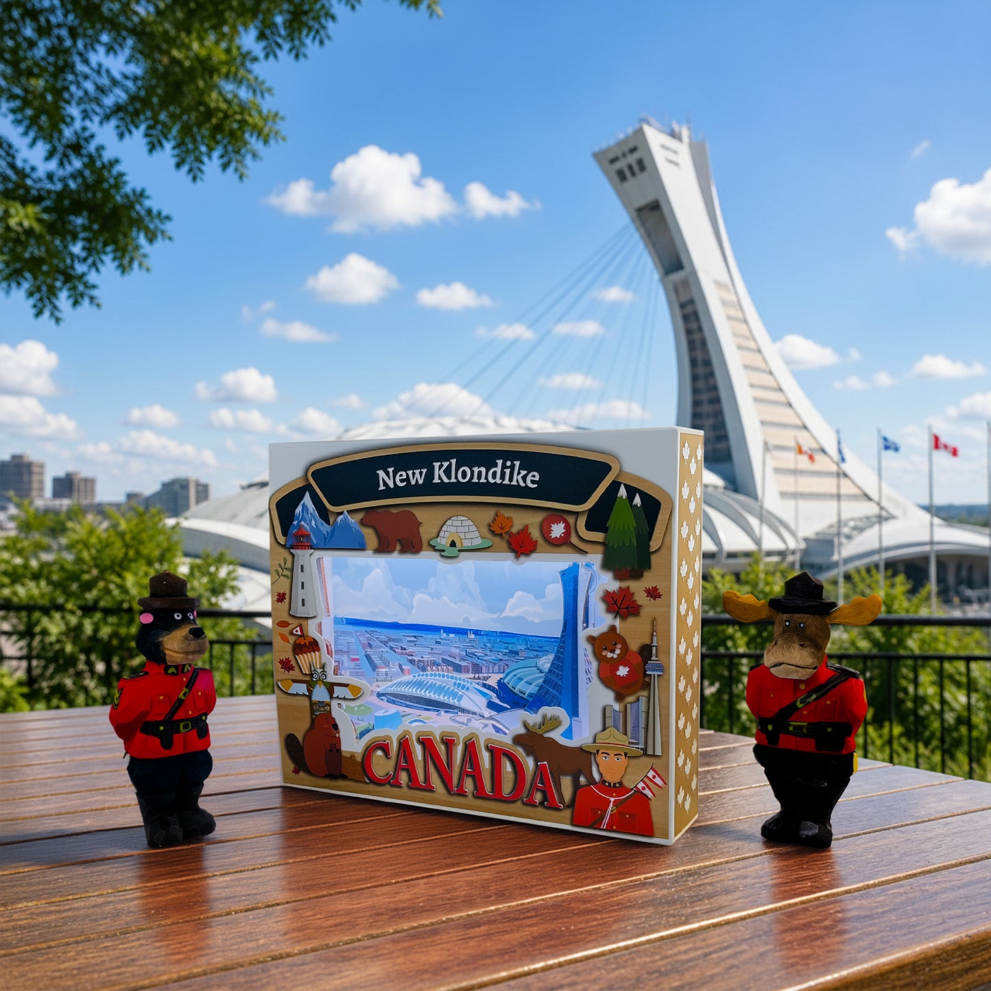LT Shadow Box featuring illuminated display of Montreal Olympic Stadium by New Klondike Arts and Media, showcasing detailed architecture.