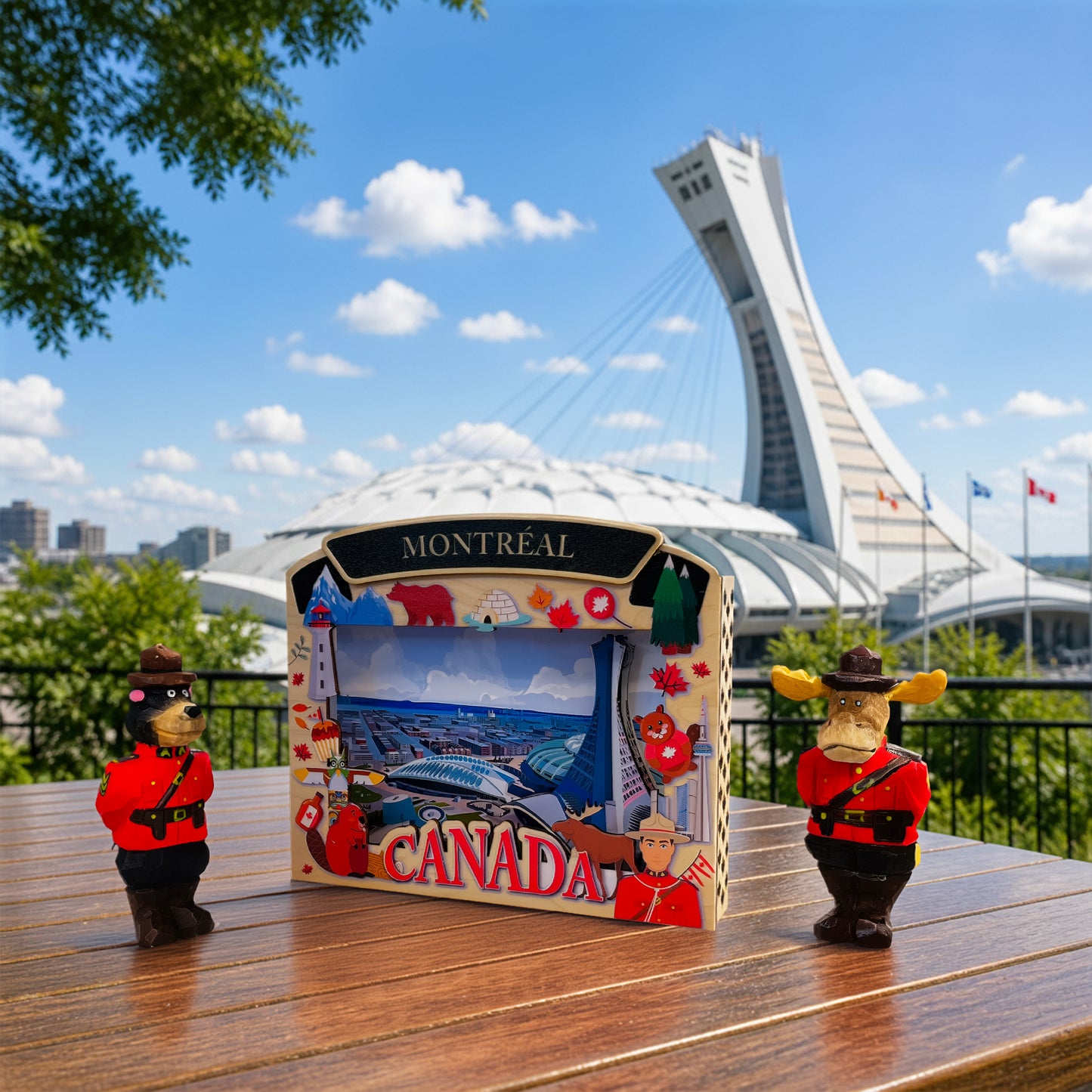 LT Shadow Box featuring illuminated Montreal Olympic Stadium by New Klondike Arts and Media, showcasing detailed design and lighting effects.