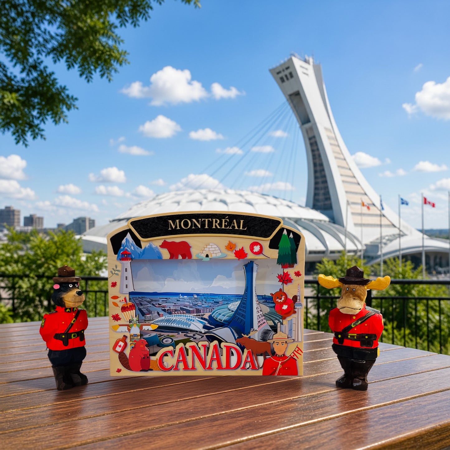 Light Up Shadow Box featuring Montreal Olympic Stadium by New Klondike Arts and Media, with illuminated design and detailed cityscape view.
