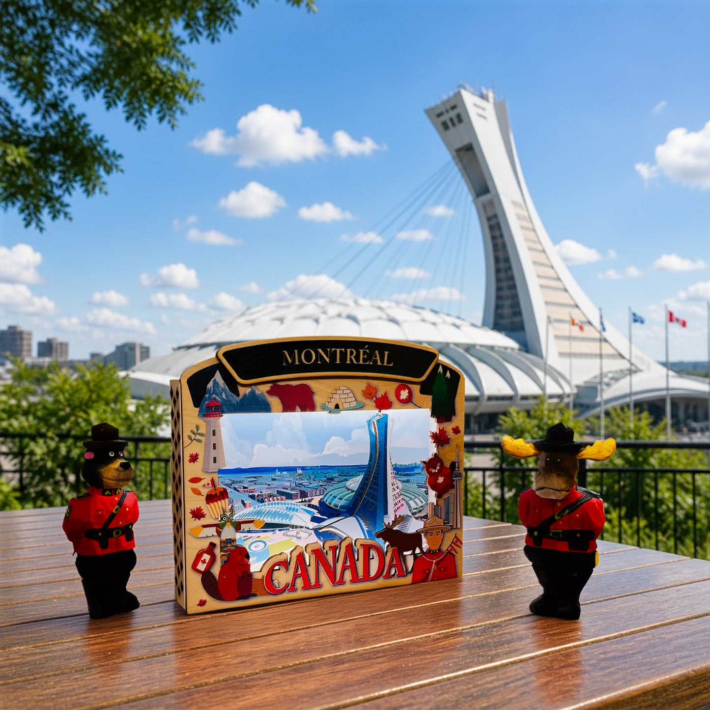 LT Shadow Box featuring illuminated Montreal Olympic Stadium by New Klondike Arts and Media, showcasing detailed architectural design.