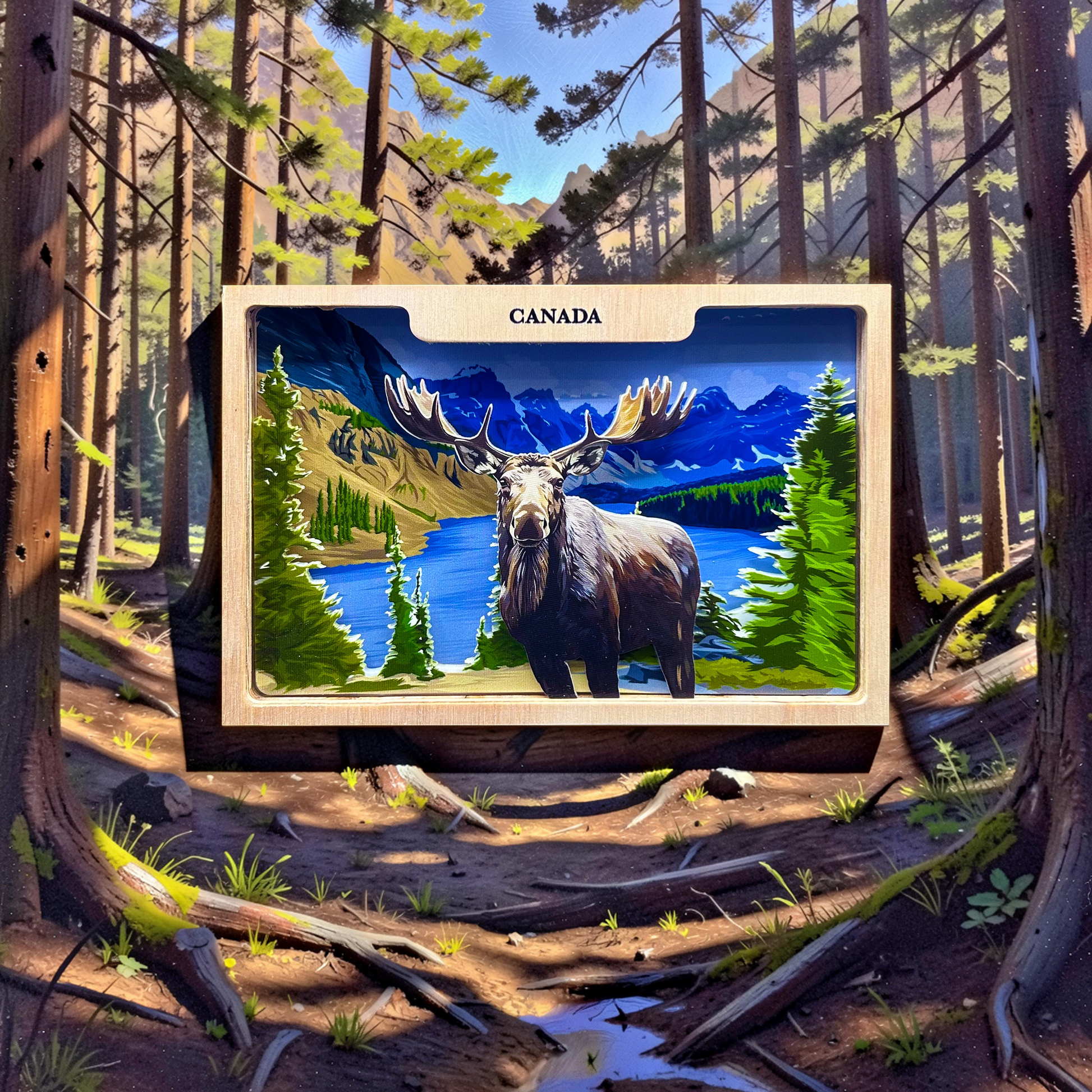 Handmade 5x7 shadow box featuring a Canadian moose design from New Klondike Arts and Media