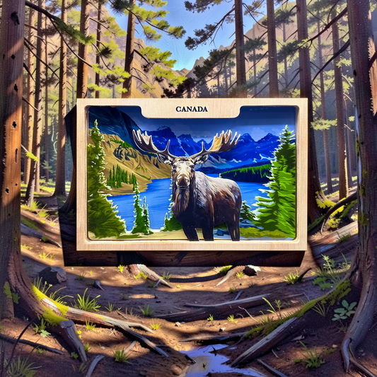 Handmade 5x7 shadow box featuring a Canadian moose design from New Klondike Arts and Media