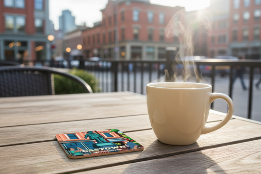 Art coaster featuring Gastown Vancouver scene by New Klondike Arts and Media, showcasing vibrant city imagery on a decorative coaster.