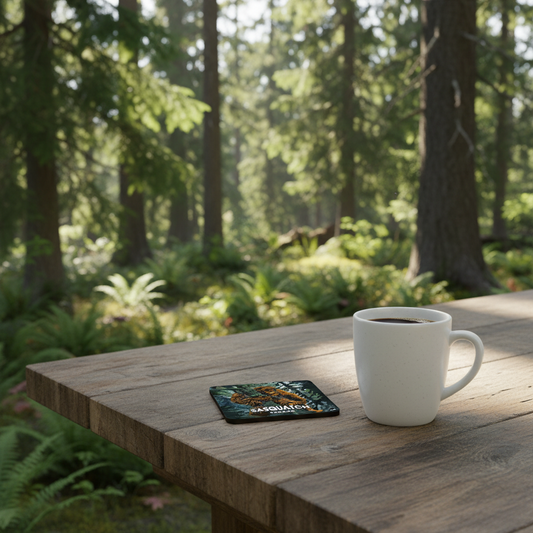 Art coaster featuring a Sasquatch in a forest scene, by New Klondike Arts and Media, showcasing detailed wilderness artwork.