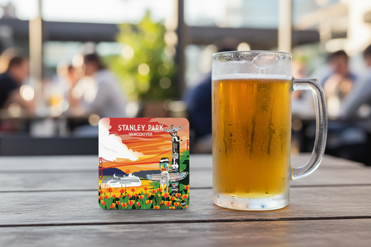 Art coaster featuring a scenic view of Stanley Park in Vancouver, Canada, by New Klondike Arts and Media.