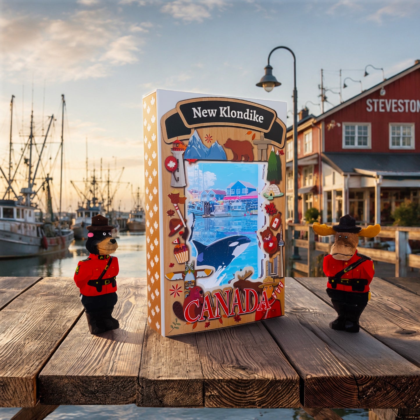 Light up shadow box featuring a Steveston orca design by New Klondike Arts and Media, illuminated display with intricate details.