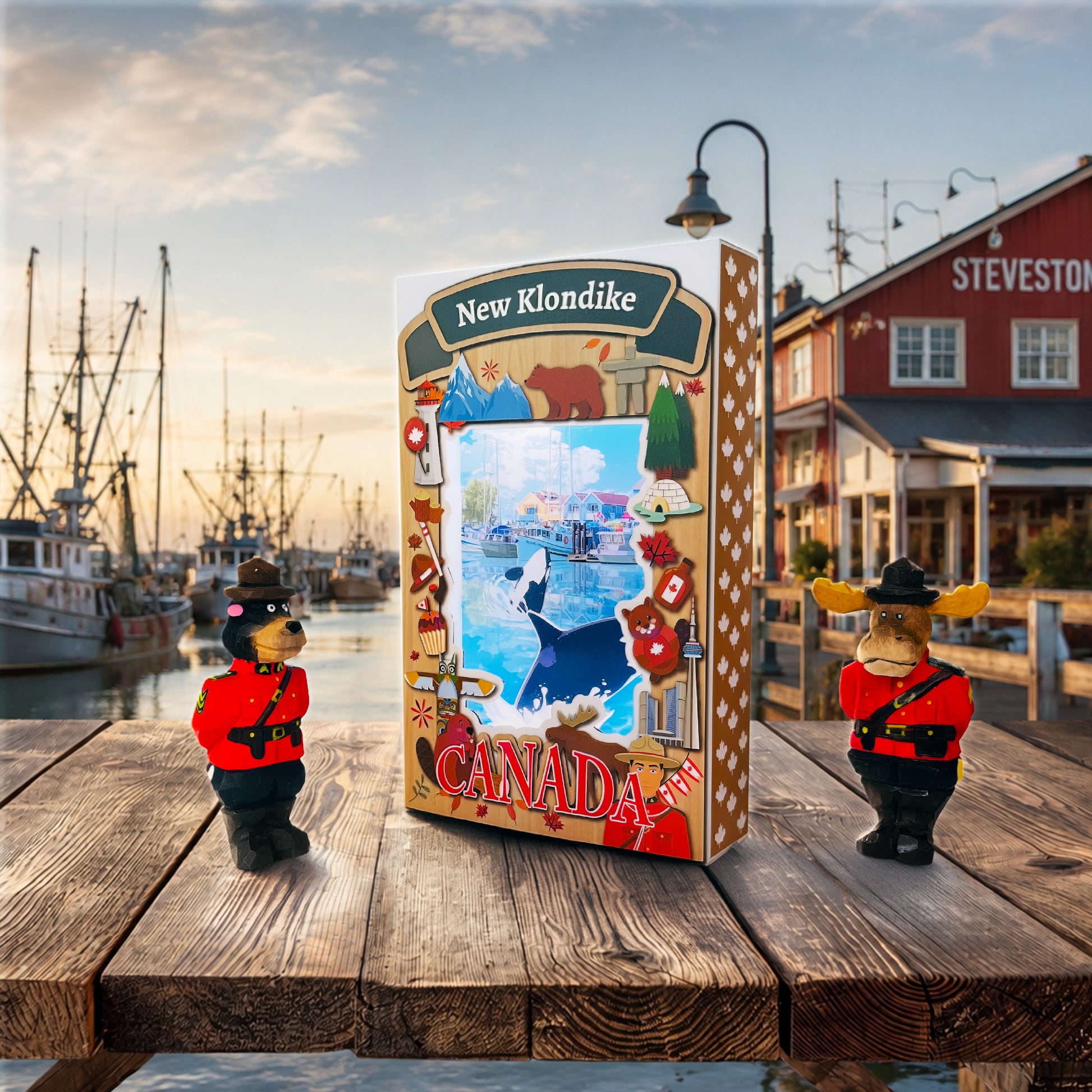 Light-up shadow box featuring a Steveston orca illustration by New Klondike Arts and Media, illuminated with vibrant colors.