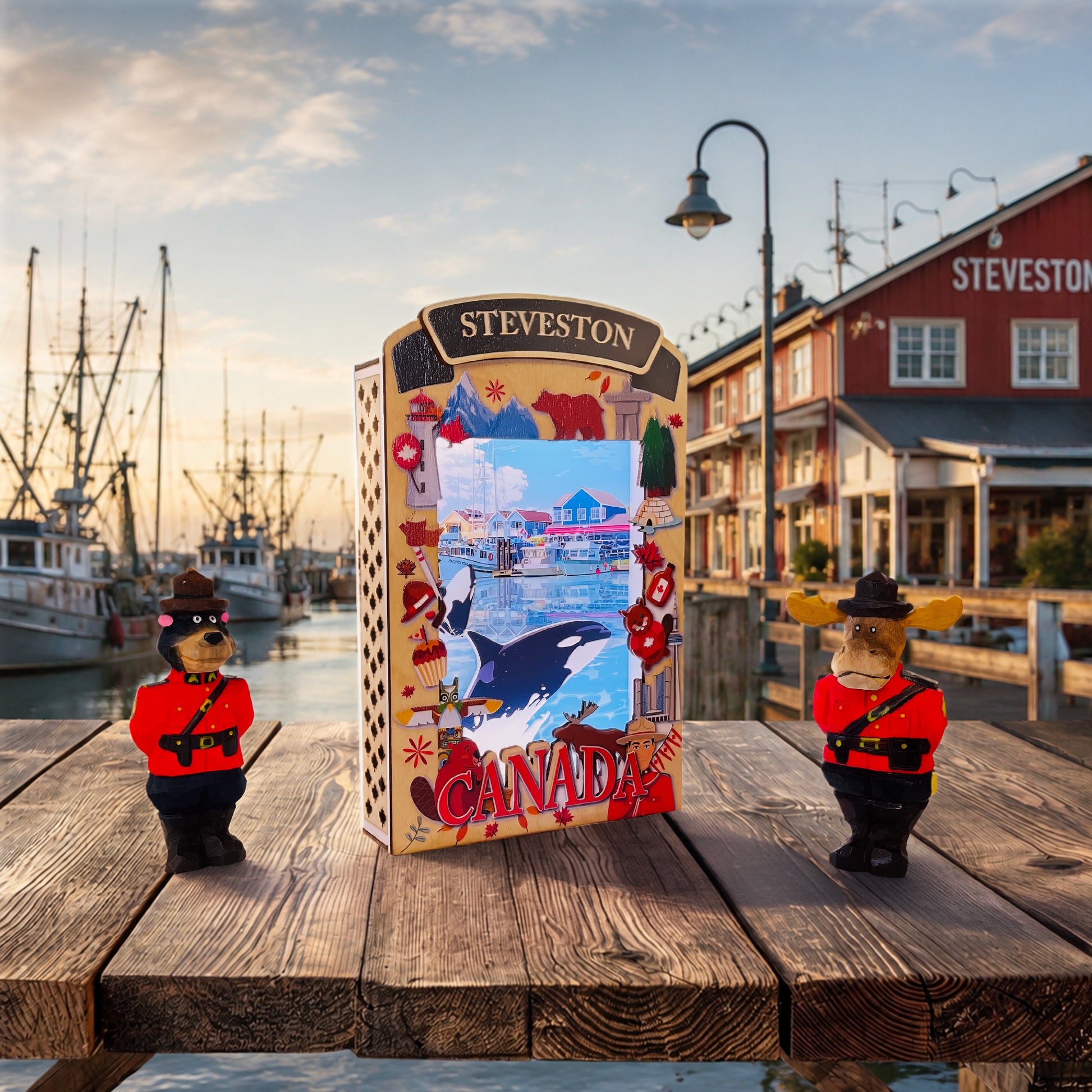 Light up shadow box featuring a Steveston orca design by New Klondike Arts and Media, with illuminated orca silhouette on wooden background.