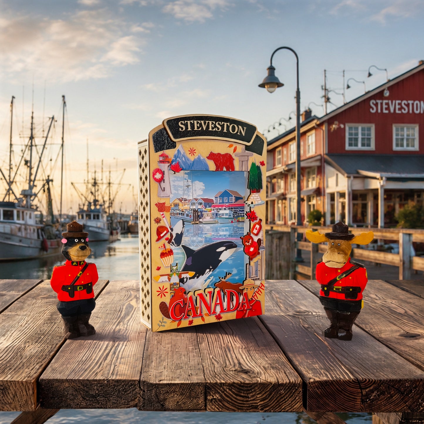 Light-up shadow box featuring a Steveston orca design by New Klondike Arts and Media, illuminated display with detailed orca illustration.