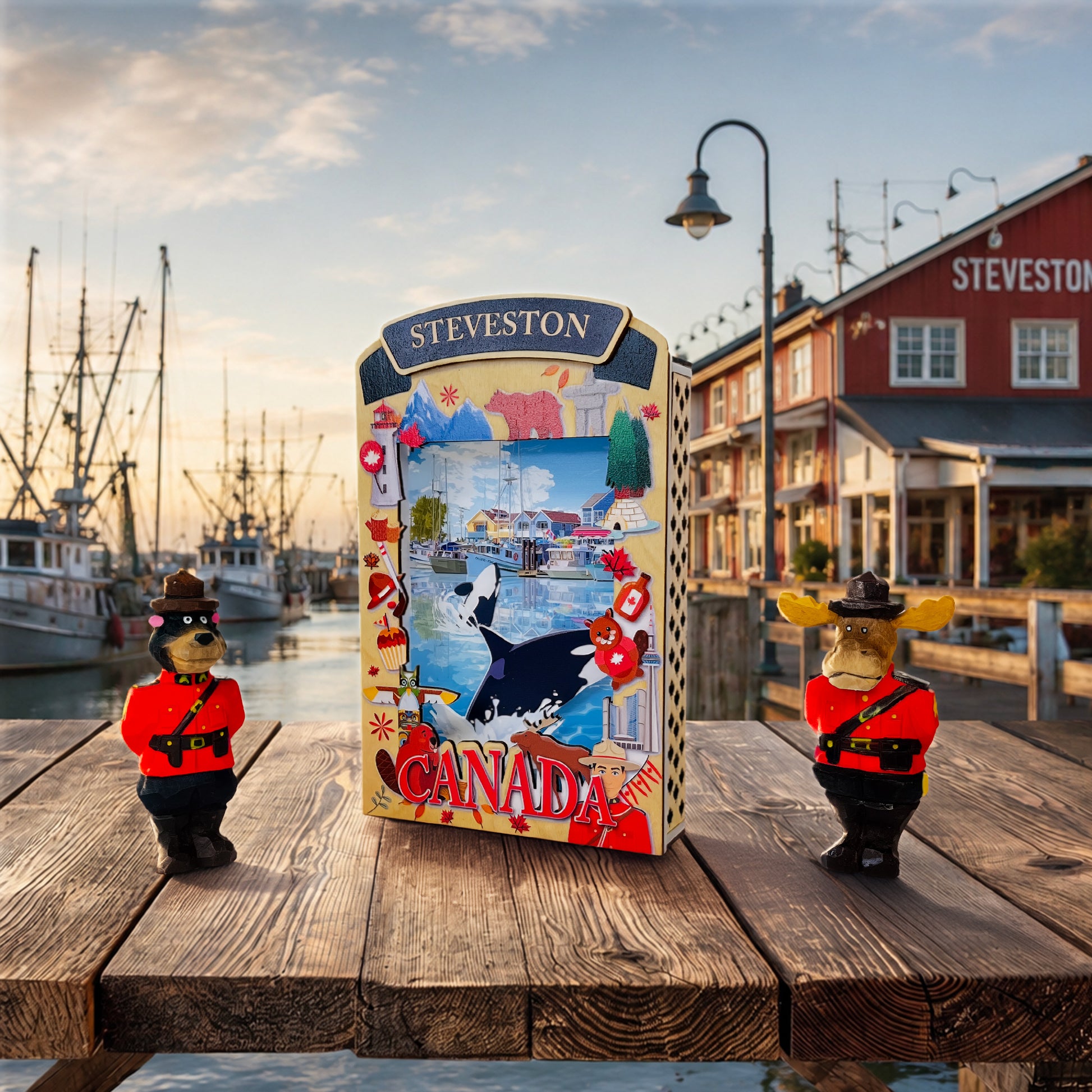 Light Up Shadow Box featuring a Steveston orca scene by New Klondike Arts and Media, with illuminated whale artwork.