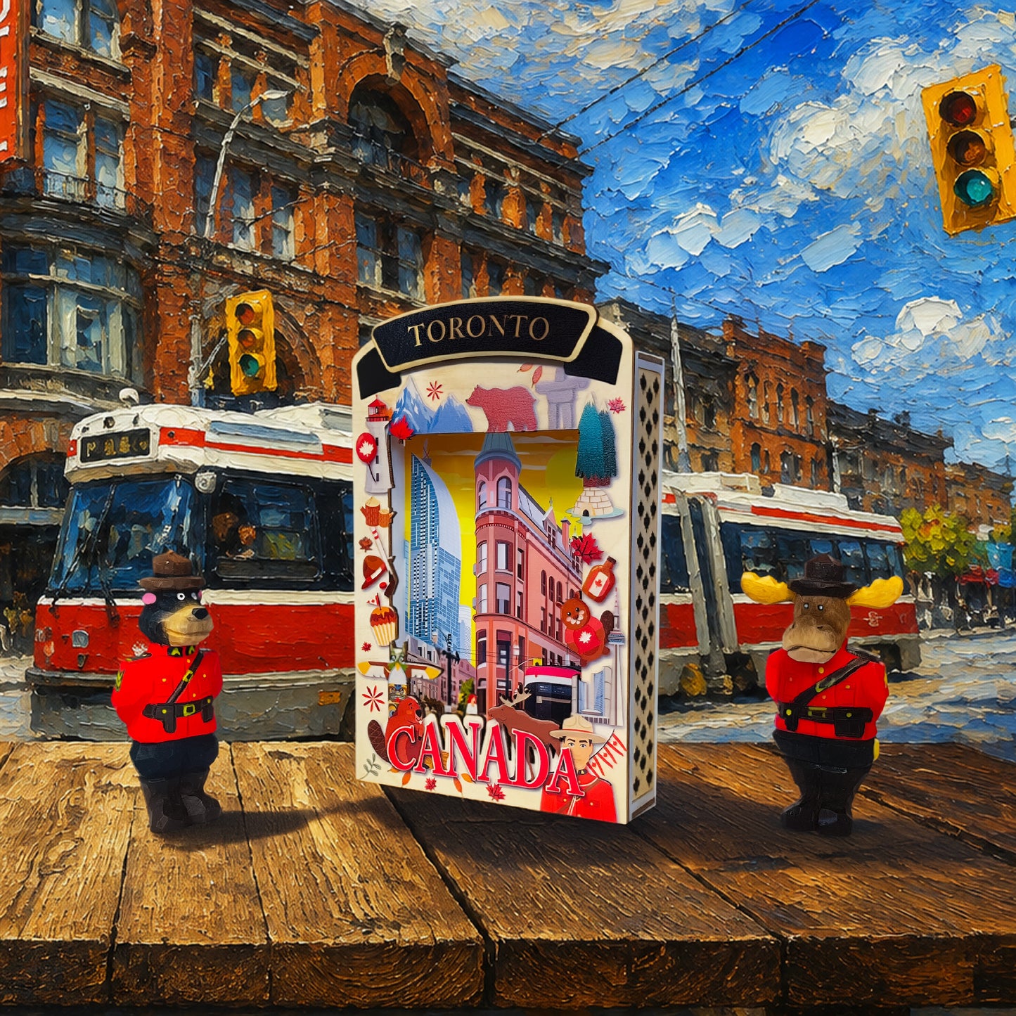Light Up Shadow Box featuring a Toronto streetcar by New Klondike Arts and Media, with illuminated cityscape design.