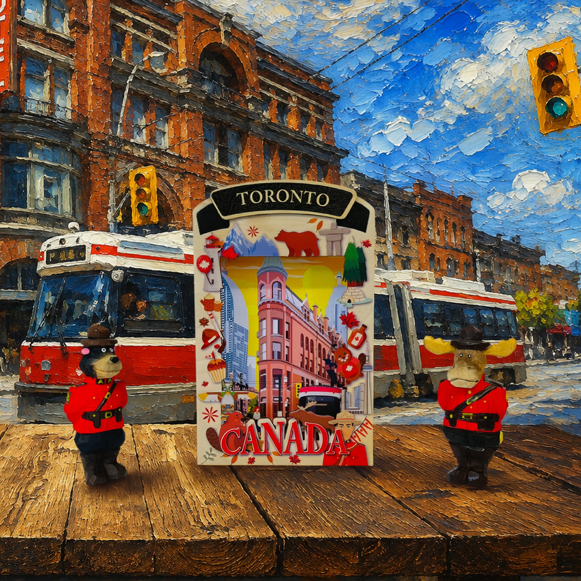 Light Up Shadow Box featuring a Toronto street car by New Klondike Arts and Media, illuminated display with detailed city scene.