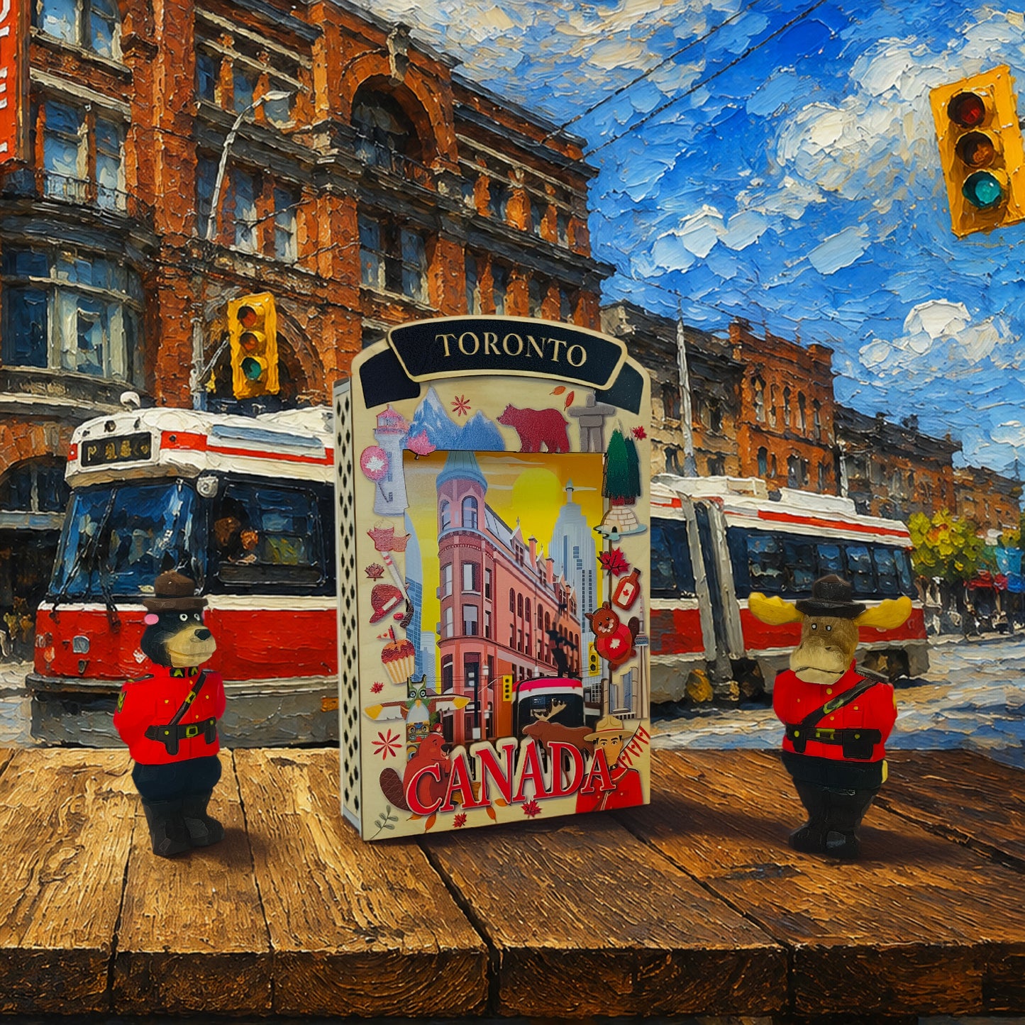 Light Up Shadow Box featuring a Toronto street car by New Klondike Arts and Media, with illuminated cityscape design.