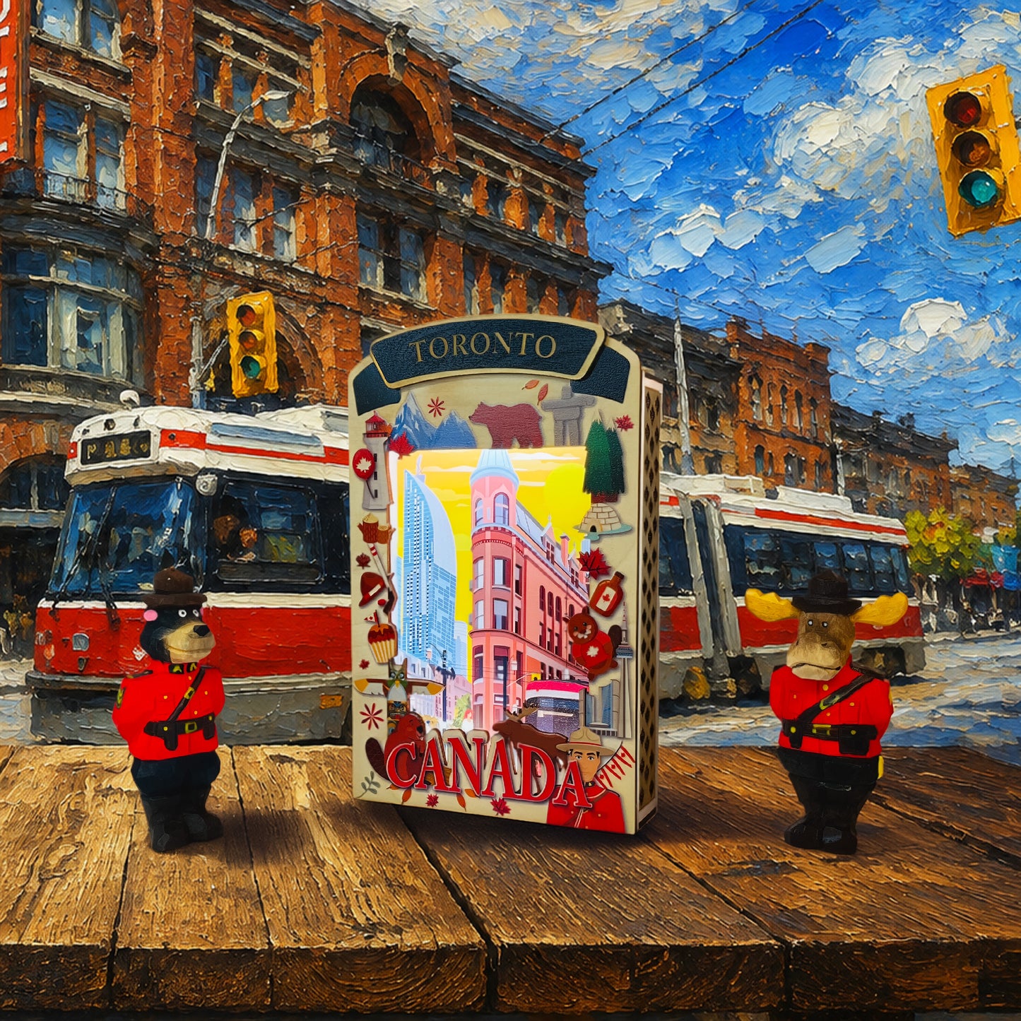 Light Up Shadow Box featuring a Toronto streetcar by New Klondike Arts and Media, showcasing a illuminated city street scene.