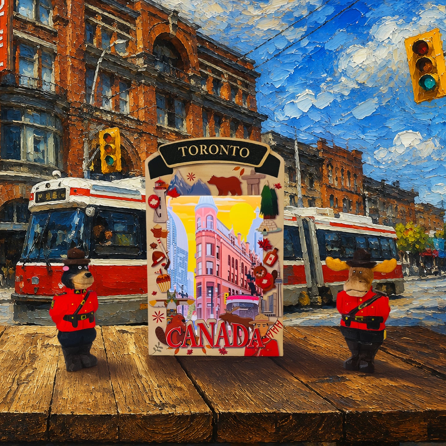 Light Up Shadow Box featuring a Toronto streetcar by New Klondike Arts and Media, with illuminated cityscape and vintage streetcar design.