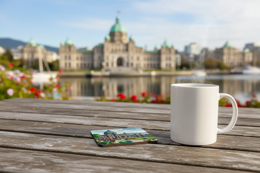 Art coaster featuring a scenic view of Victoria, BC, created by New Klondike Arts and Media.