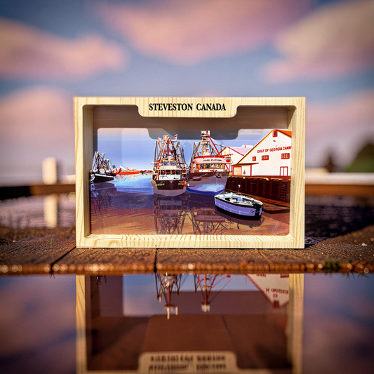 Handmade shadow box featuring Steveston Gulf of Georgia Cannery scene by New Klondike Arts and Media, detailed and artisan-crafted.